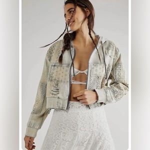 NWOT Free People Mazzie Hooded Denim Eyelet Lace Patchwork Jacket- LARGE